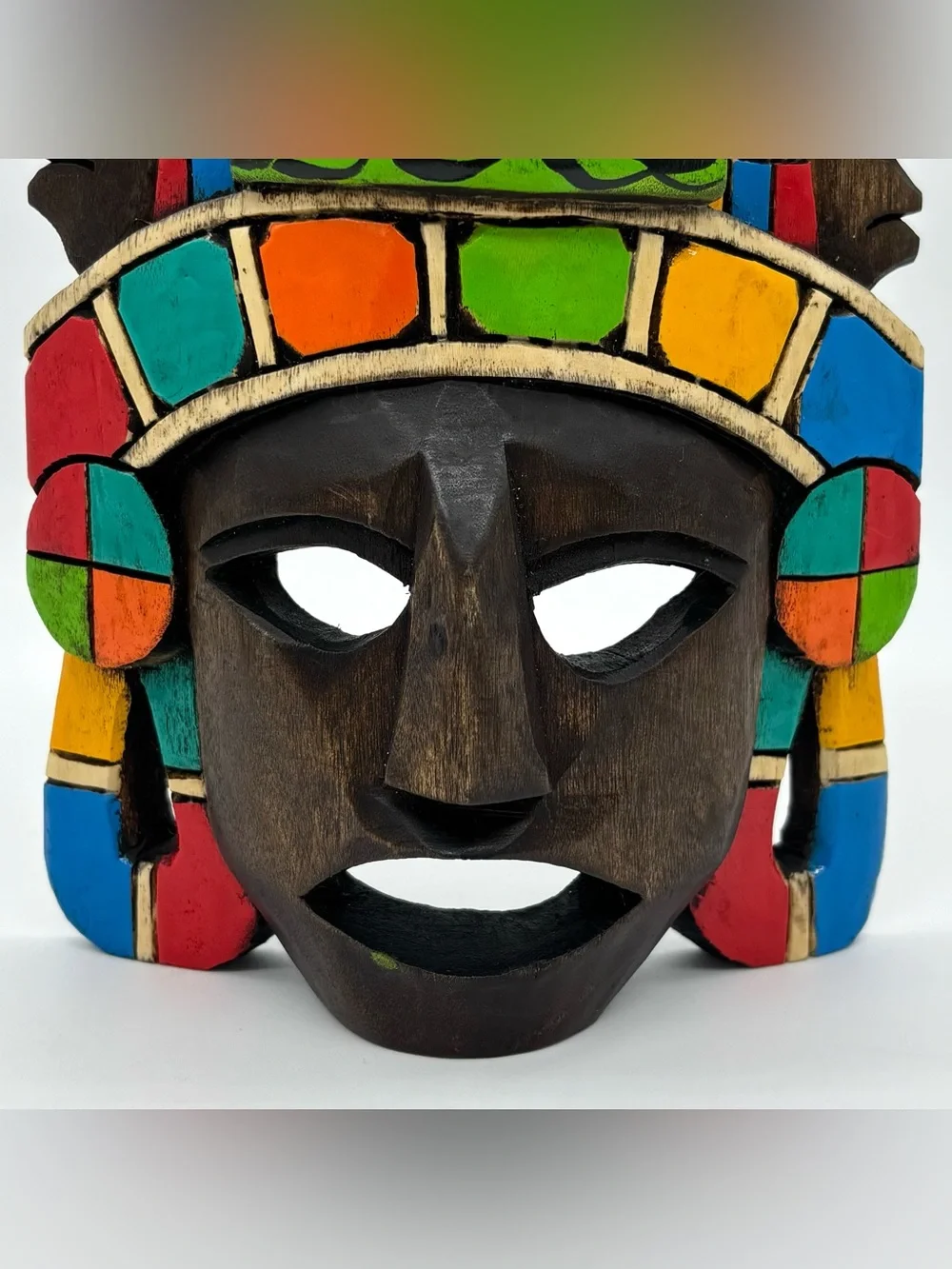 Hand Carved Wooden Mexican Mayan Face Mask Painted 3D Folk Art Wall Hanging Deco